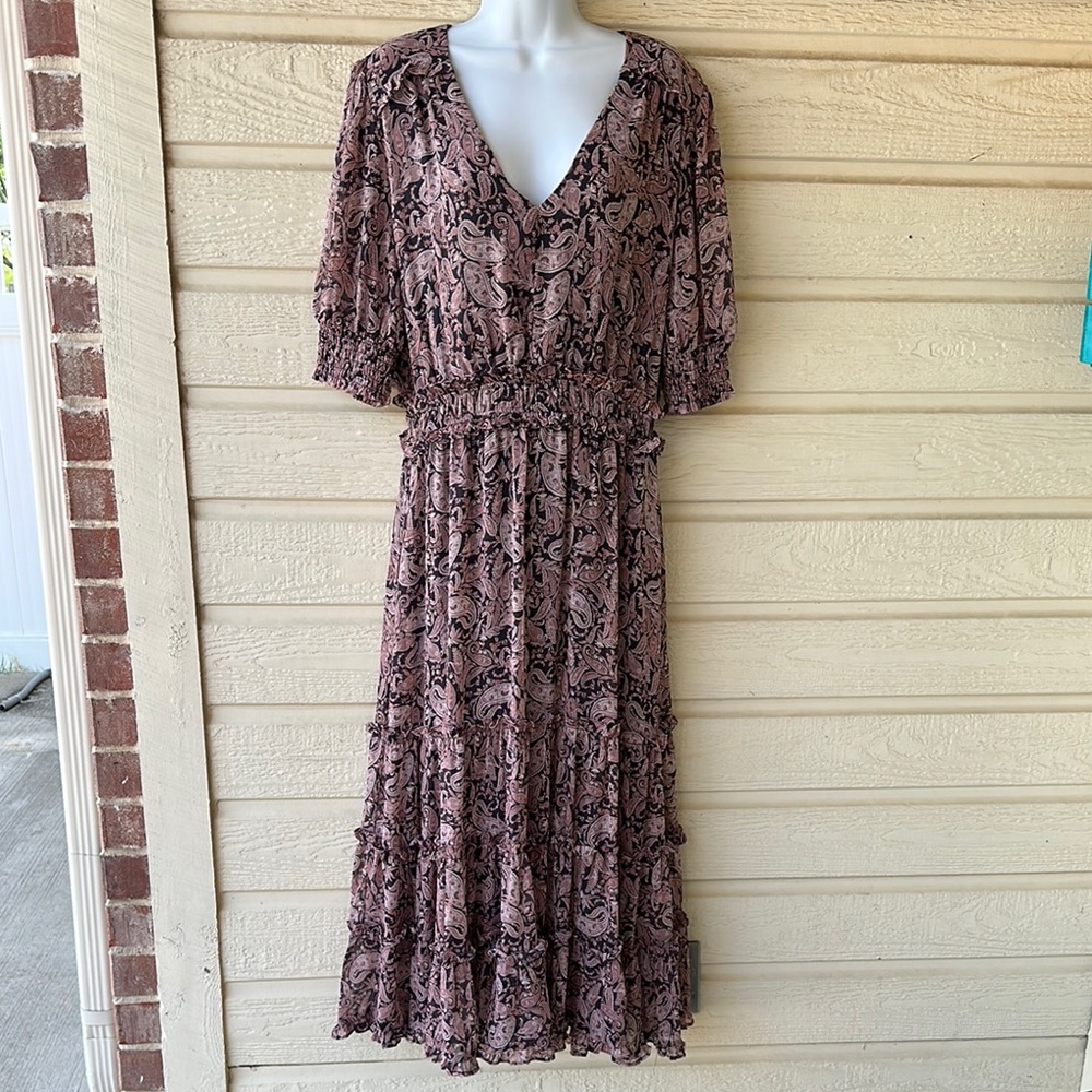 Red Tiered Ruffled Midi Sundress with Bishop Sleeves